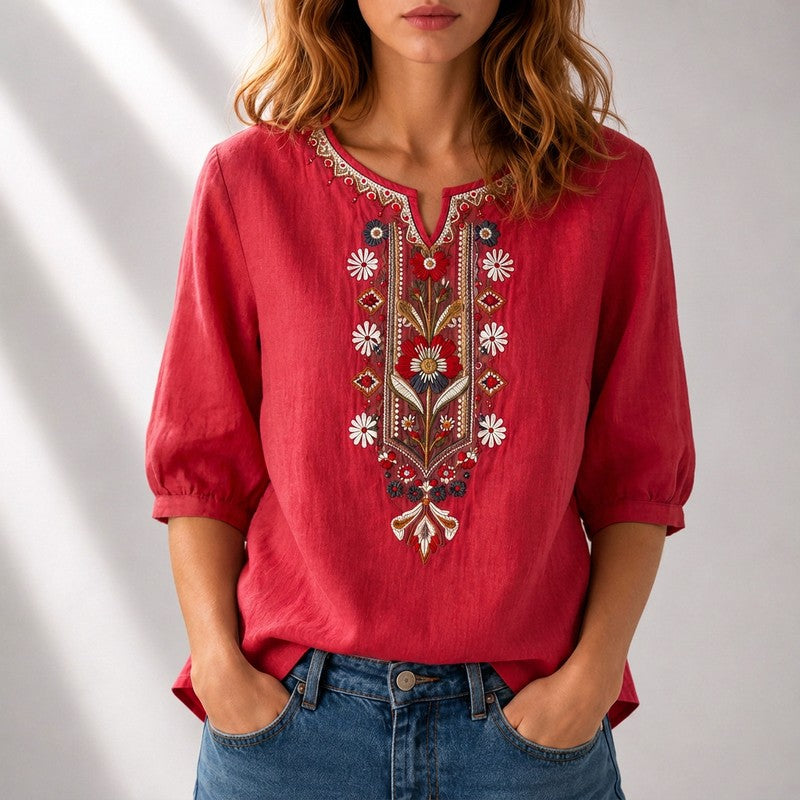 Lucille | Embroidered Split-Neck Blouse