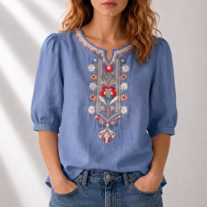 Lucille | Embroidered Split-Neck Blouse