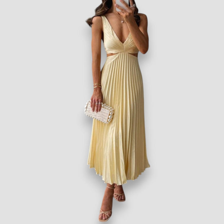 Isabelle | Ärmelloses Plissee-Midikleid mit tiefem V-Ausschnitt