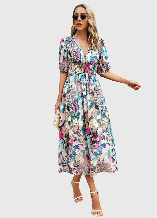Juliette | Bedrucktes Midikleid für Damen mit V-Ausschnitt und Puffärmeln