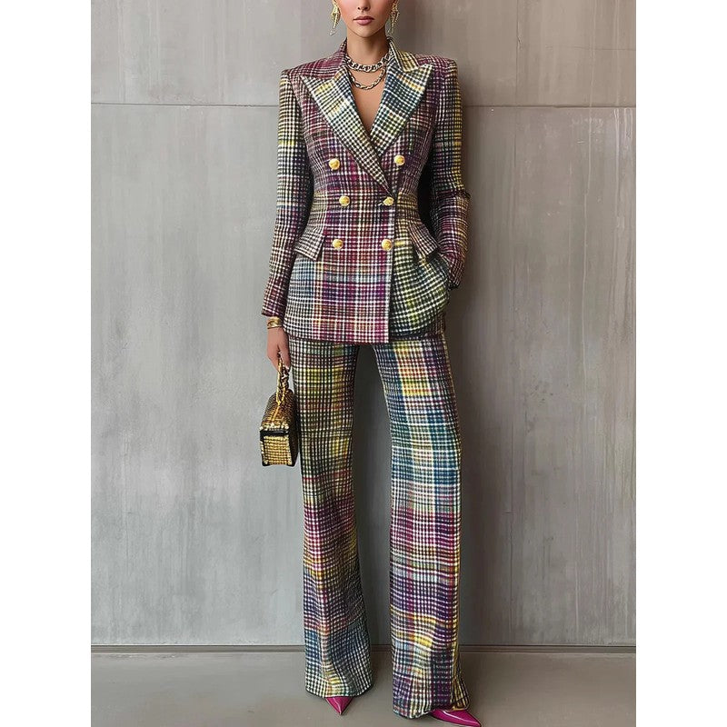 Women Houndstooth Blazer and Trousers Set