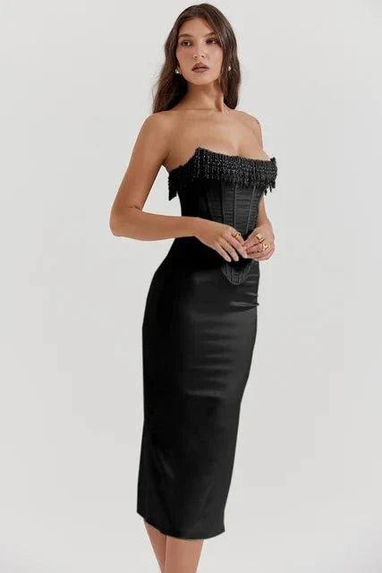 Sharlene | Robe midi corset ornée de perles