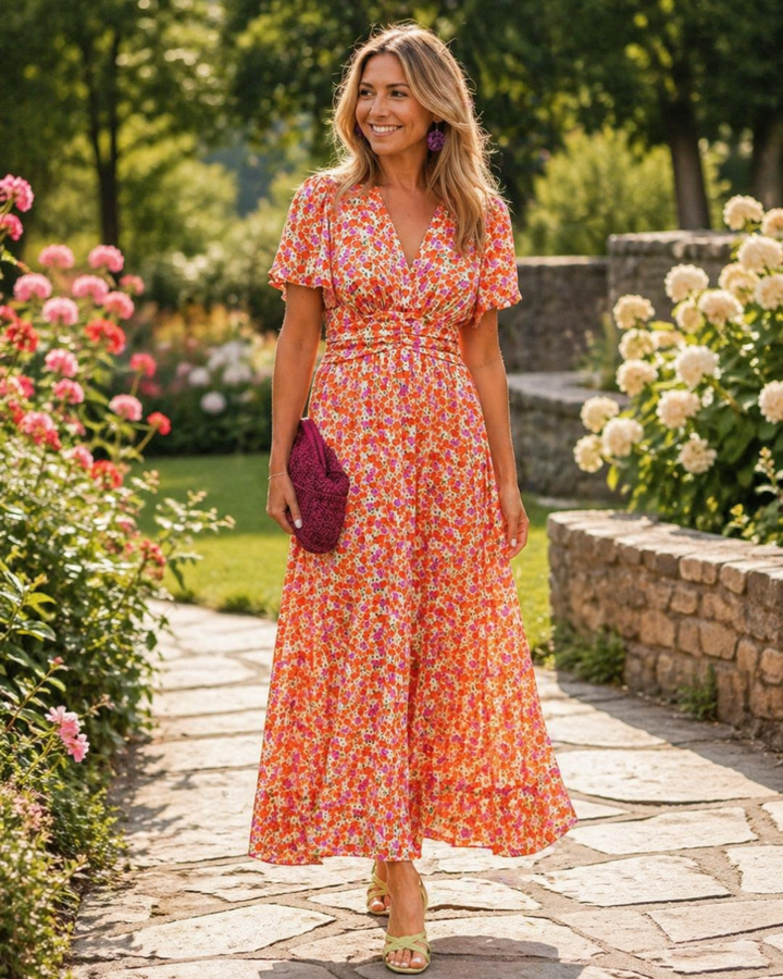 Angelina | Midi-Kleid mit Blumenmuster und geraffter Taille
