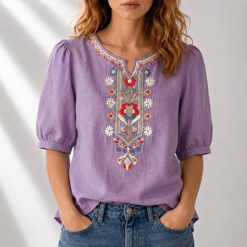 Lucille | Embroidered Split-Neck Blouse