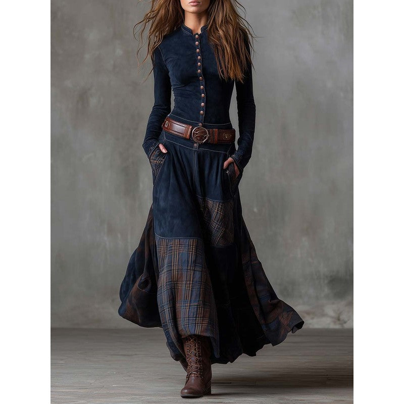 Elisa | Button-Front Patchwork Maxi Dress