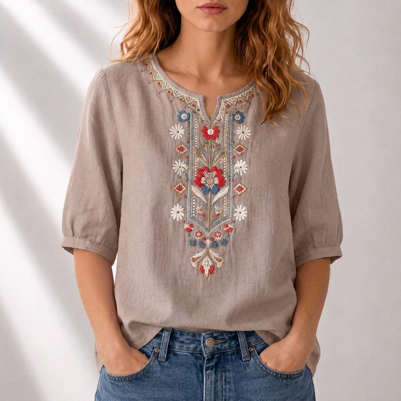 Lucille | Embroidered Split-Neck Blouse