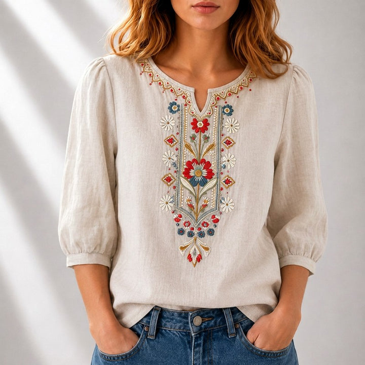 Lucille | Embroidered Split-Neck Blouse