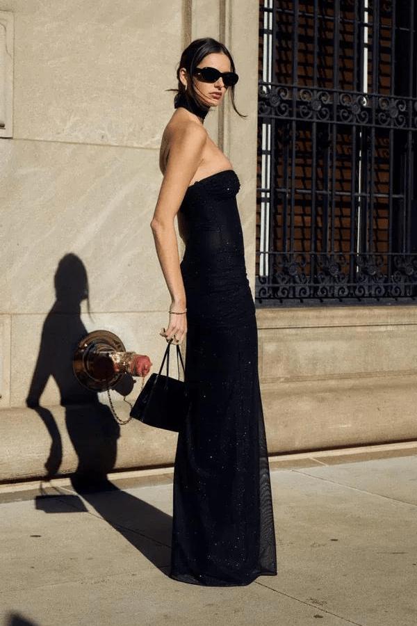 Isabela | Vestido comprido brilhante sem alças