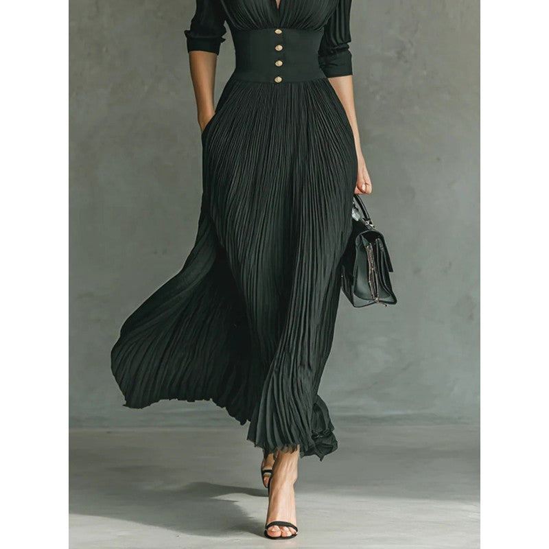 Elvira | Pleated Maxi Dress with V-Neckline