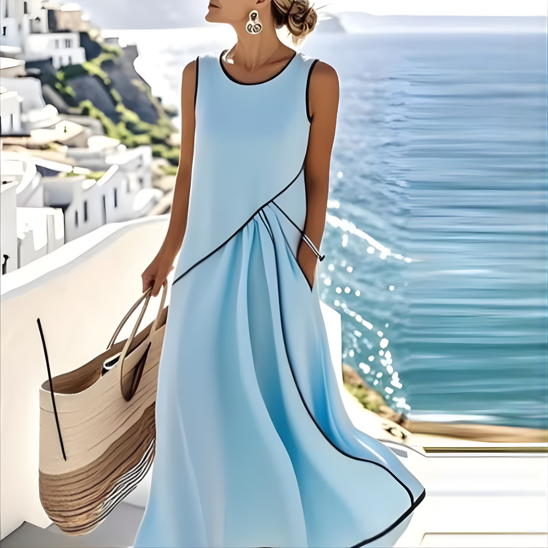 Jane | Ärmelloses Midi-Kleid mit Kontrastbesatz
