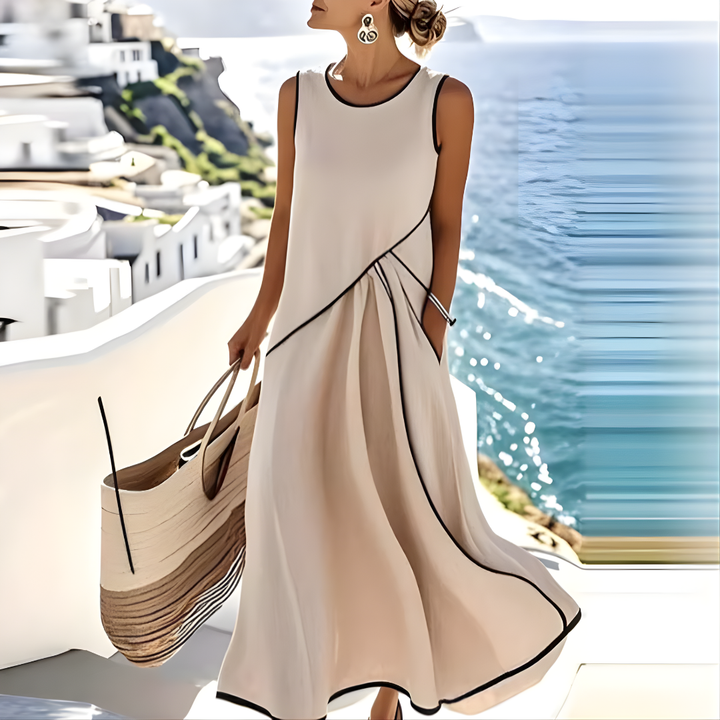 Jane | Ärmelloses Midi-Kleid mit Kontrastbesatz