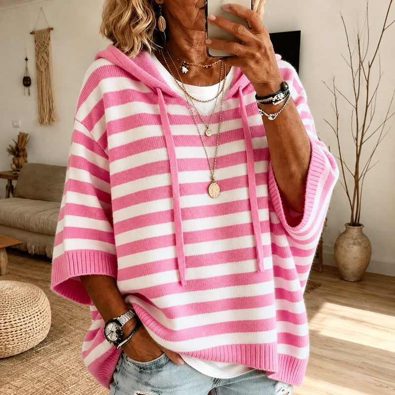 Martha | Hooded Poncho Sweater with Striped Pattern