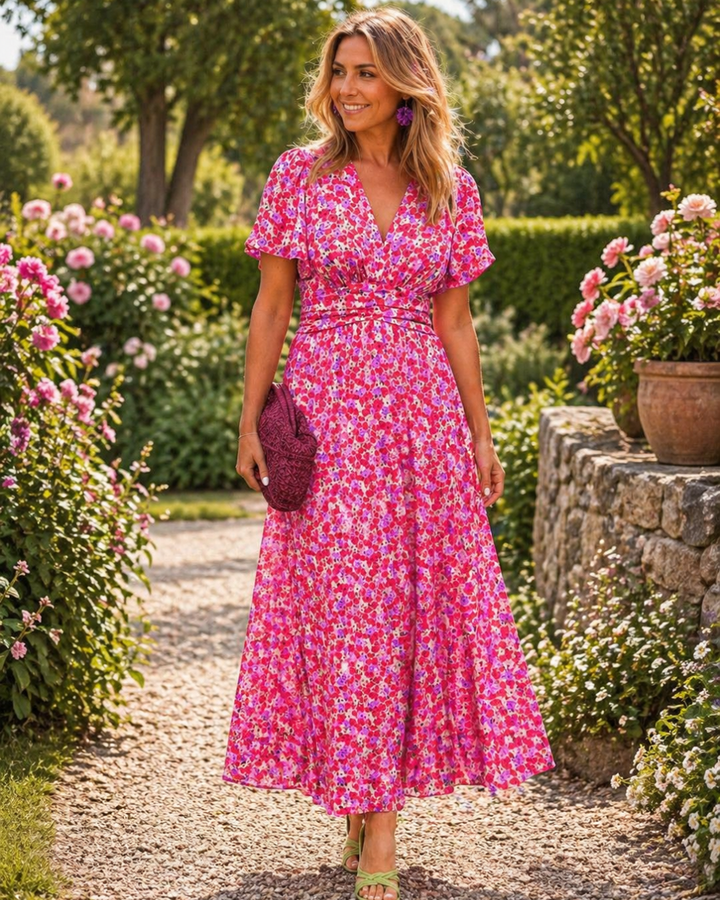 Angelina | Midi-Kleid mit Blumenmuster und geraffter Taille