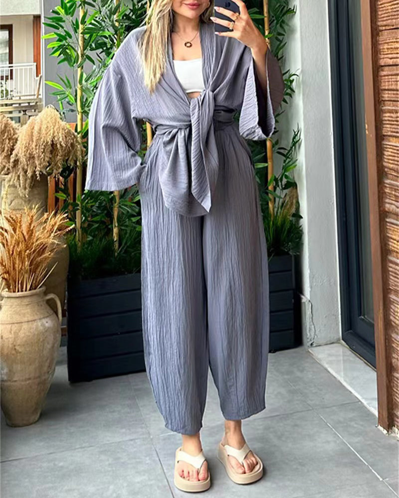 Layla | Completo da donna con spolverino kimono e pantaloni a gamba larga
