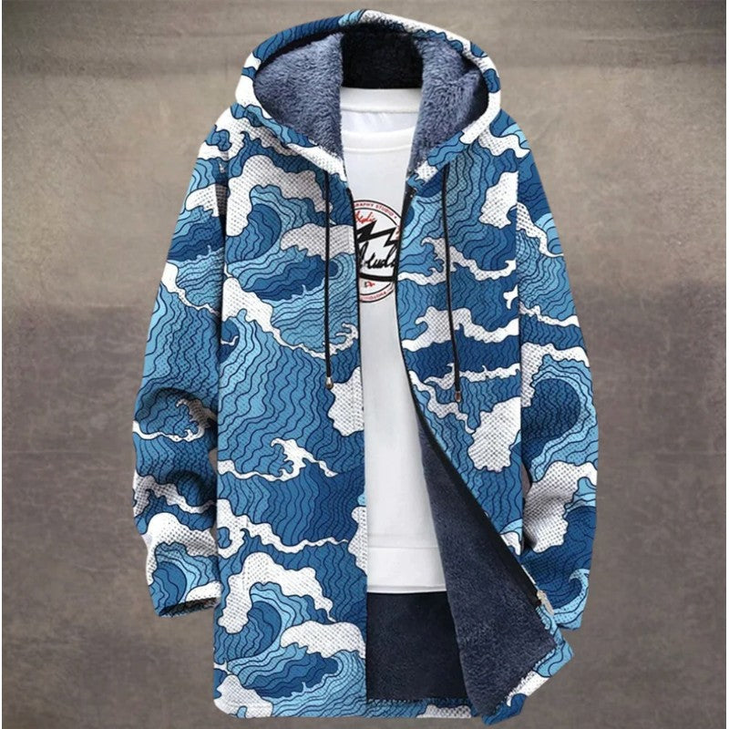 Marina | Long Hooded Zip-Up Coat with Wave Print
