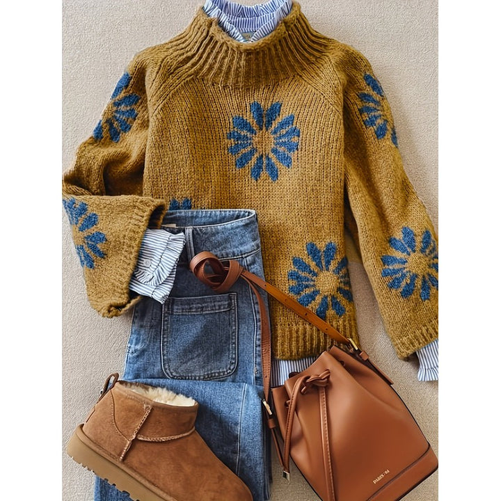 Freya | High Neck Floral Knit Sweater