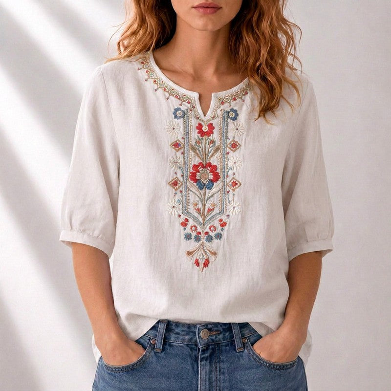 Lucille | Embroidered Split-Neck Blouse