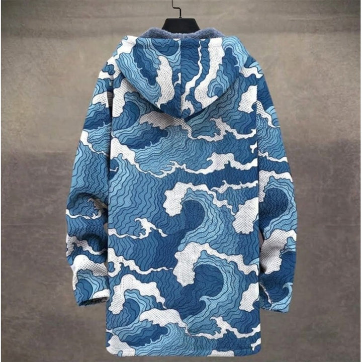 Marina | Long Hooded Zip-Up Coat with Wave Print
