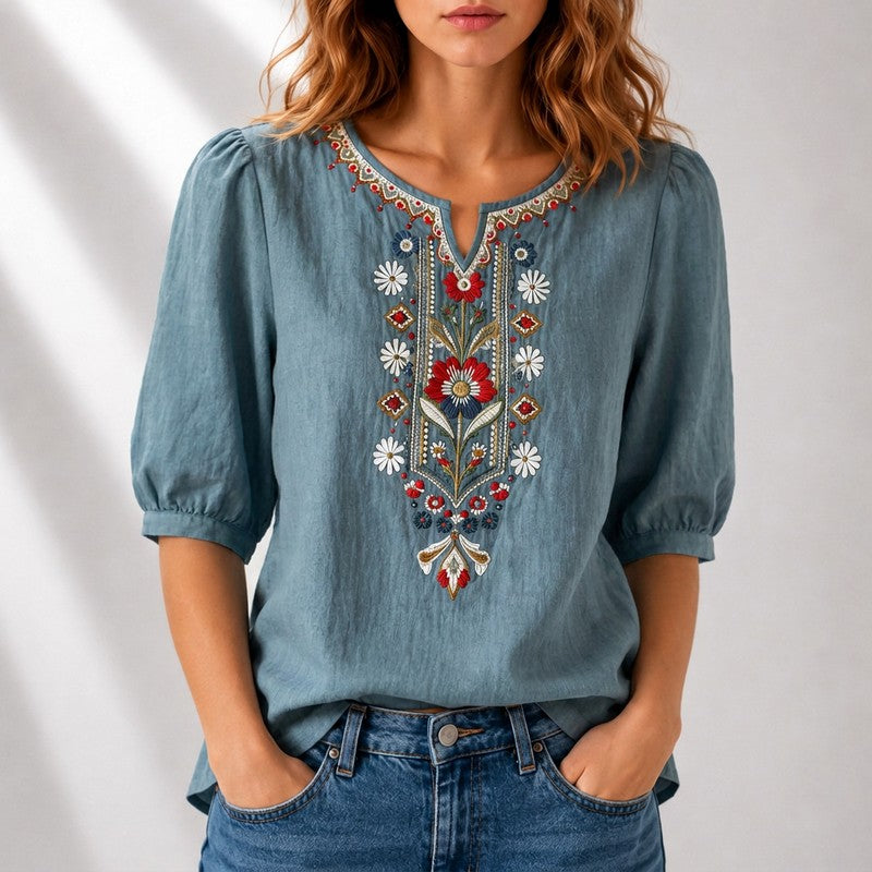Lucille | Embroidered Split-Neck Blouse