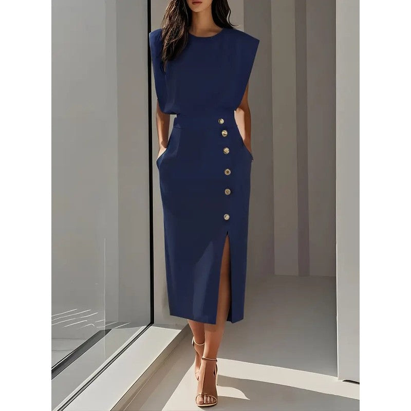 Dalia | Structured Shoulder Midi Dress