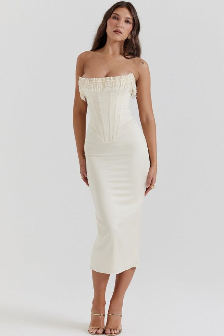 Sharlene | Robe midi corset ornée de perles