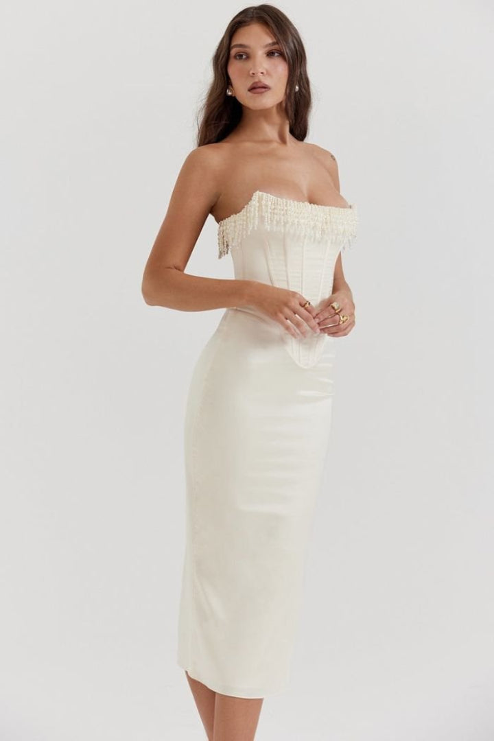 Sharlene | Robe midi corset ornée de perles