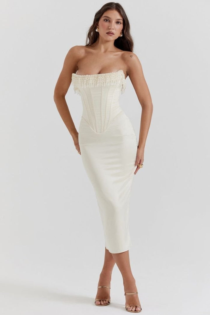 Sharlene | Robe midi corset ornée de perles