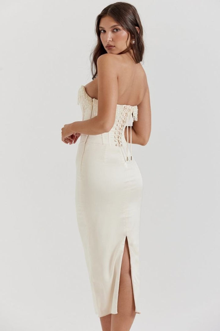 Sharlene | Robe midi corset ornée de perles