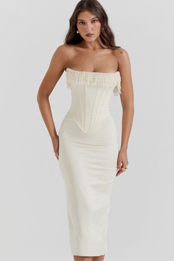 Sharlene | Robe midi corset ornée de perles