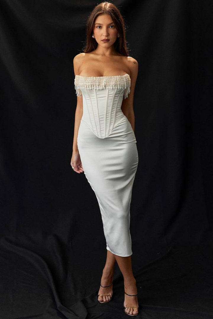 Sharlene | Robe midi corset ornée de perles