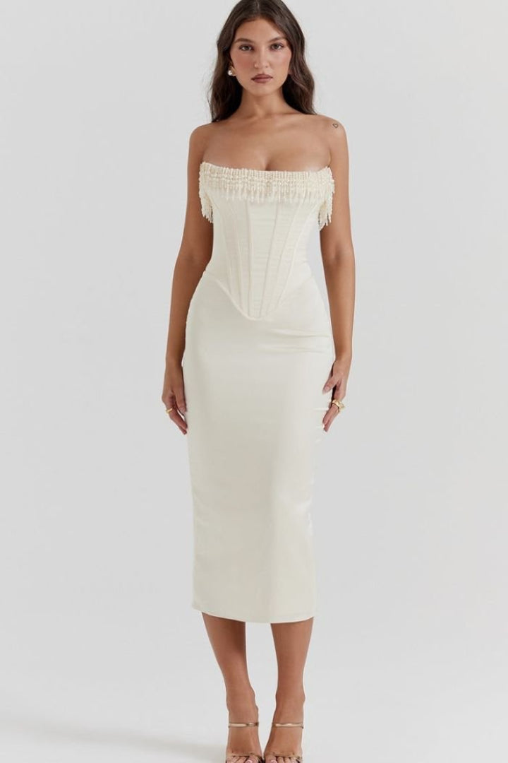 Sharlene | Robe midi corset ornée de perles