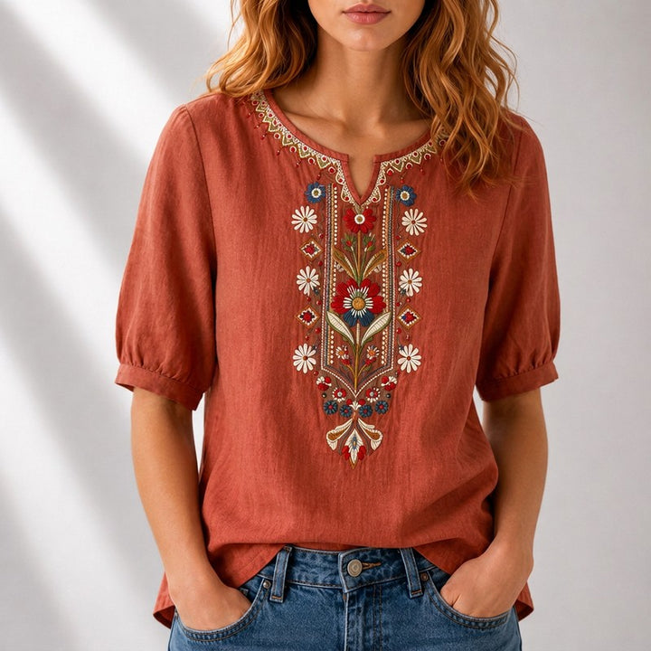 Lucille | Embroidered Split-Neck Blouse