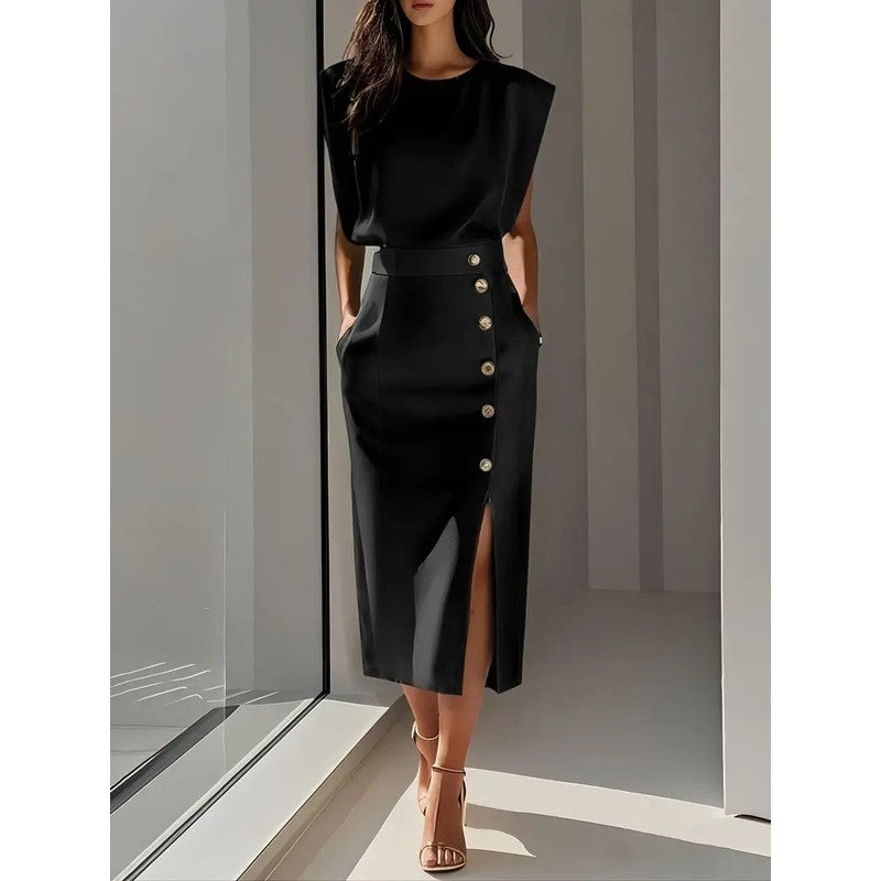 Dalia | Structured Shoulder Midi Dress
