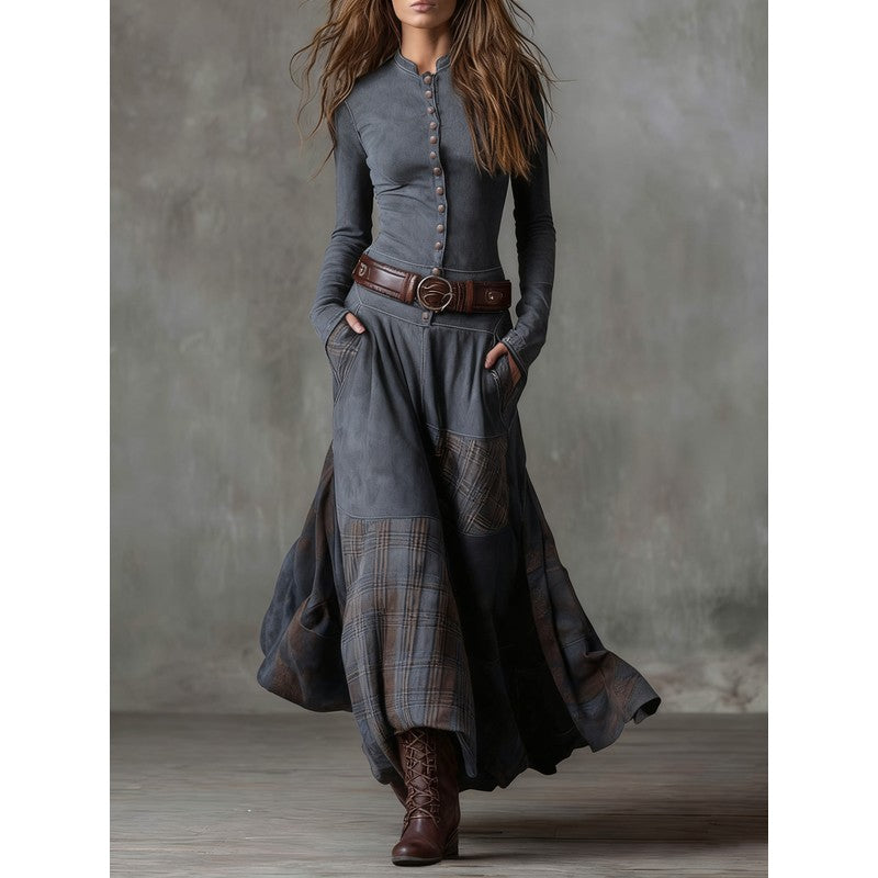 Elisa | Button-Front Patchwork Maxi Dress