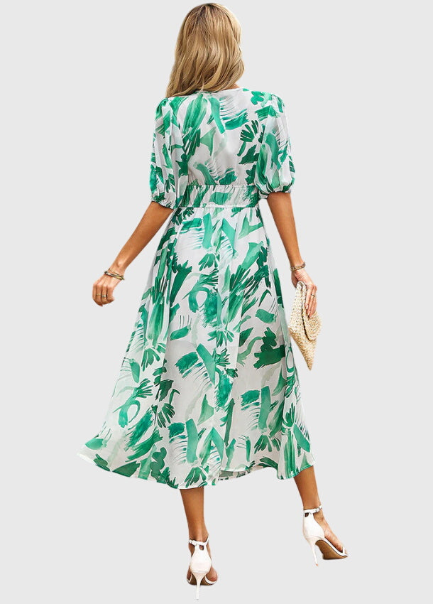 Juliette | Bedrucktes Midikleid für Damen mit V-Ausschnitt und Puffärmeln