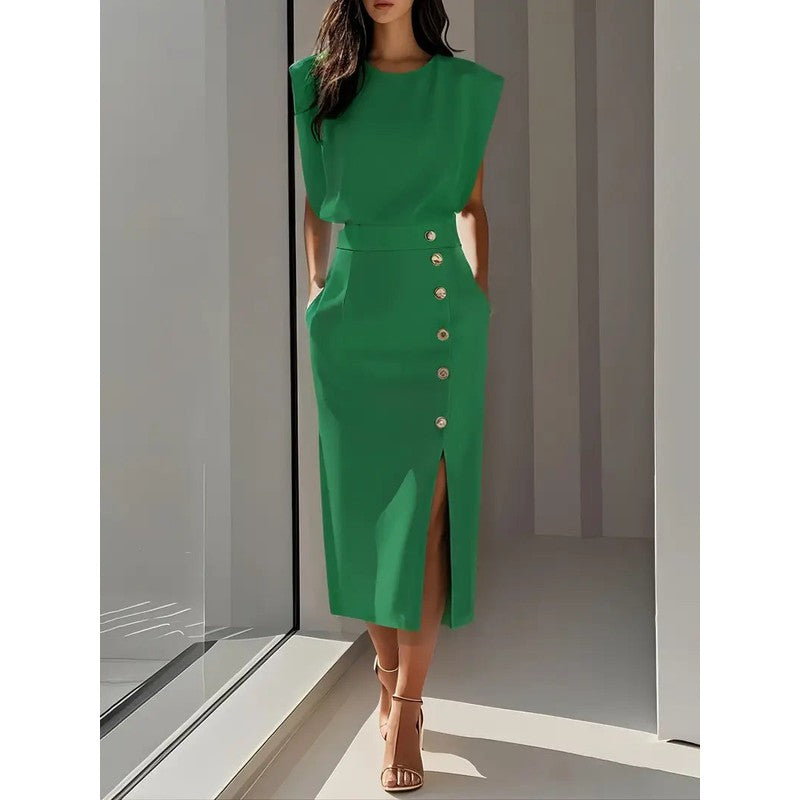 Dalia | Structured Shoulder Midi Dress