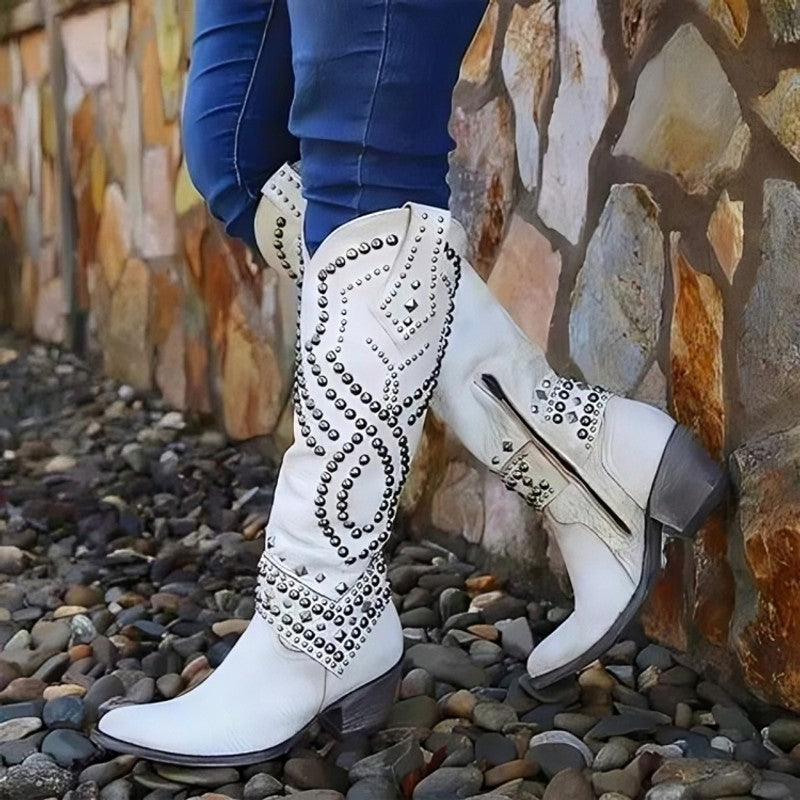 Women Studded Western Knee-High Boots