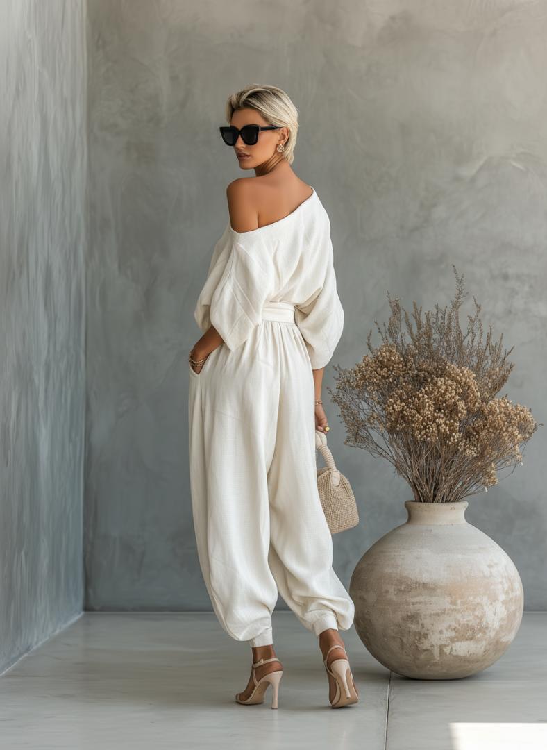 Lisa | Zachte off-shouldertop en set met taps toelopende broek