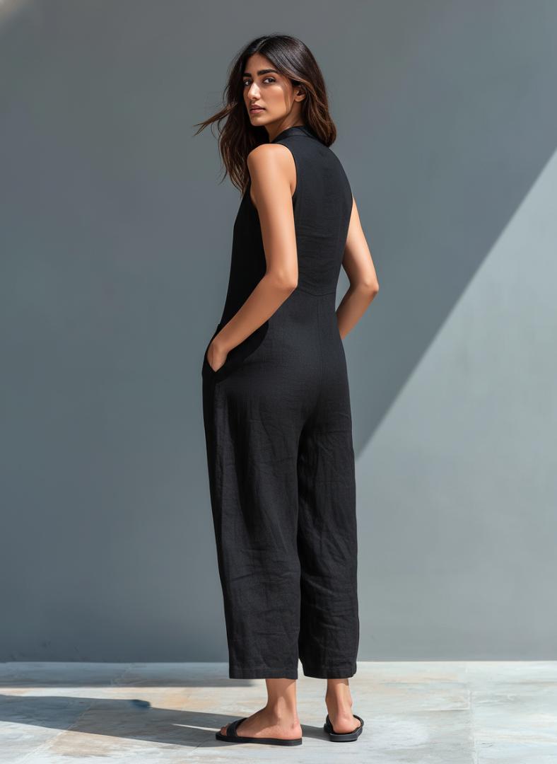 Sloane | Tuta senza maniche minimalista da donna con colletto alto e bottoni