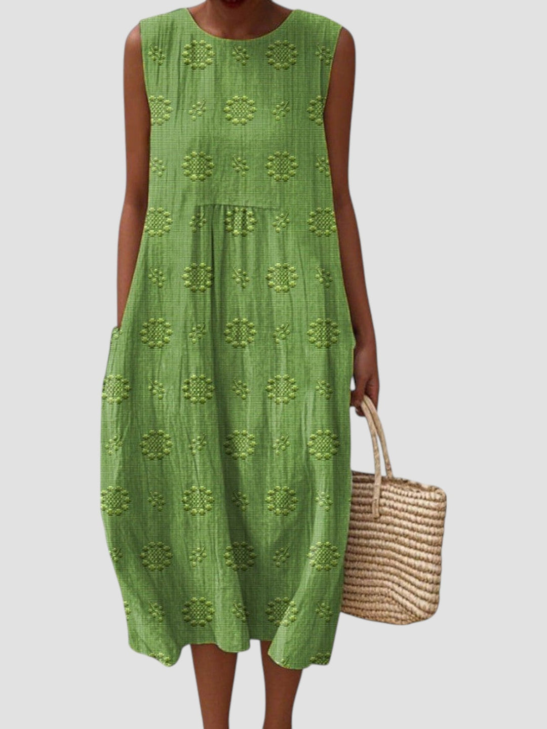 Elodie | Vestido midi feminino sem mangas em linho texturizado