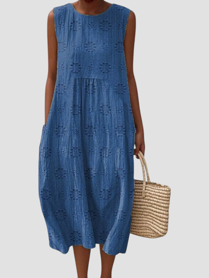 Elodie | Vestido midi feminino sem mangas em linho texturizado