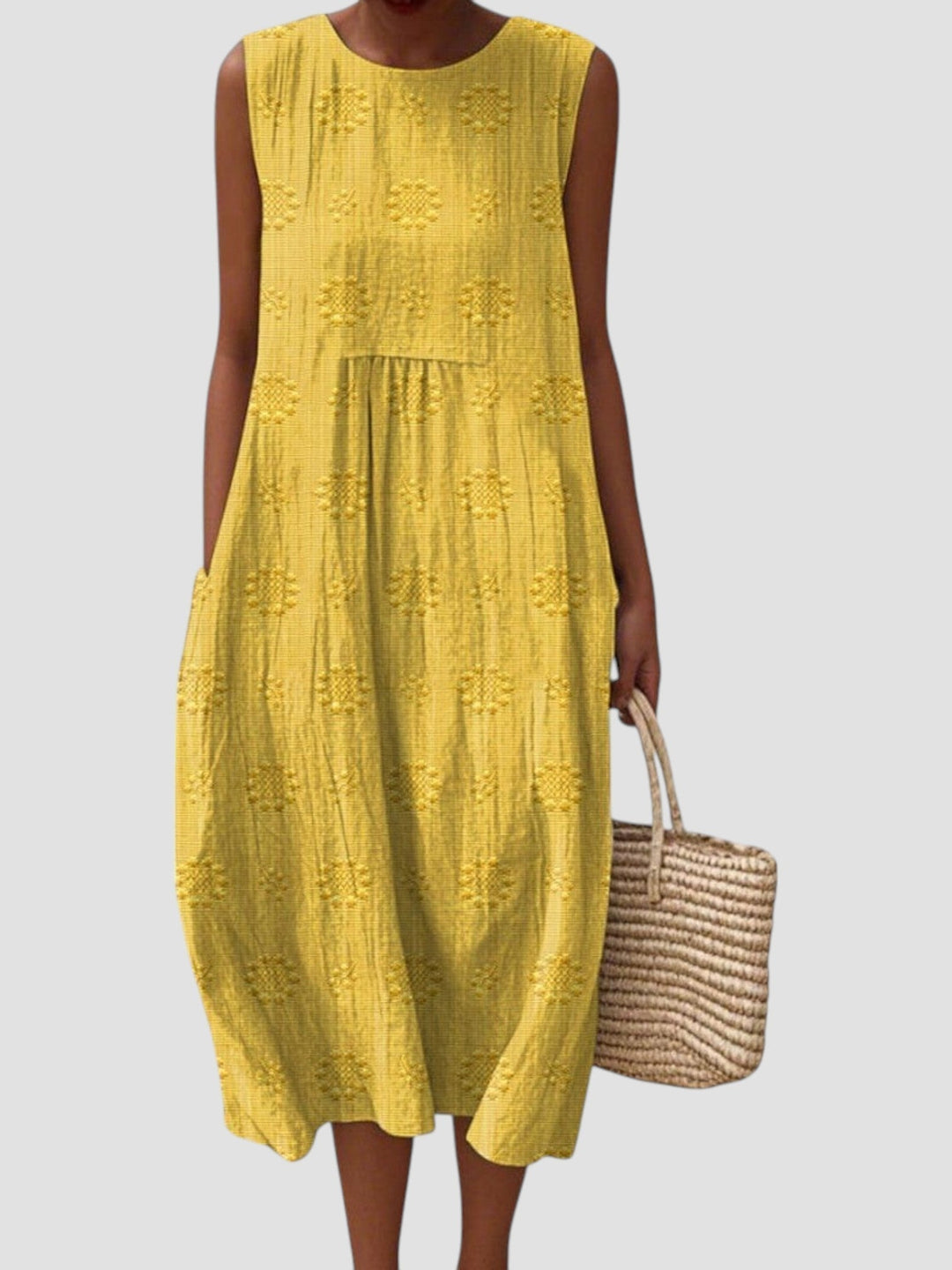 Elodie | Vestido midi feminino sem mangas em linho texturizado
