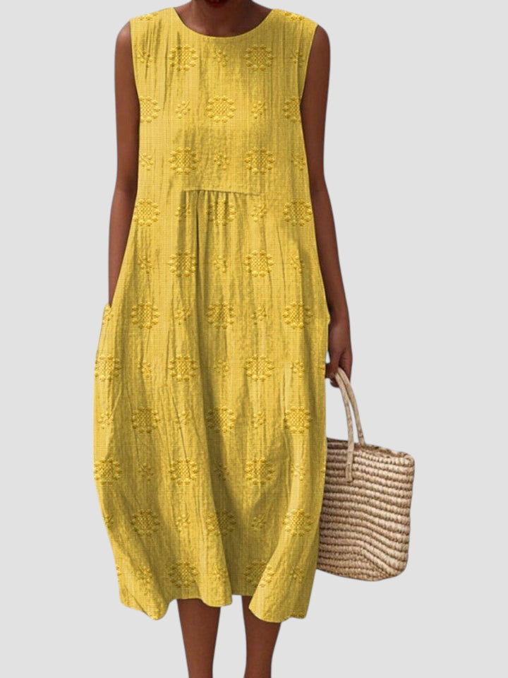 Elodie | Vestido midi feminino sem mangas em linho texturizado