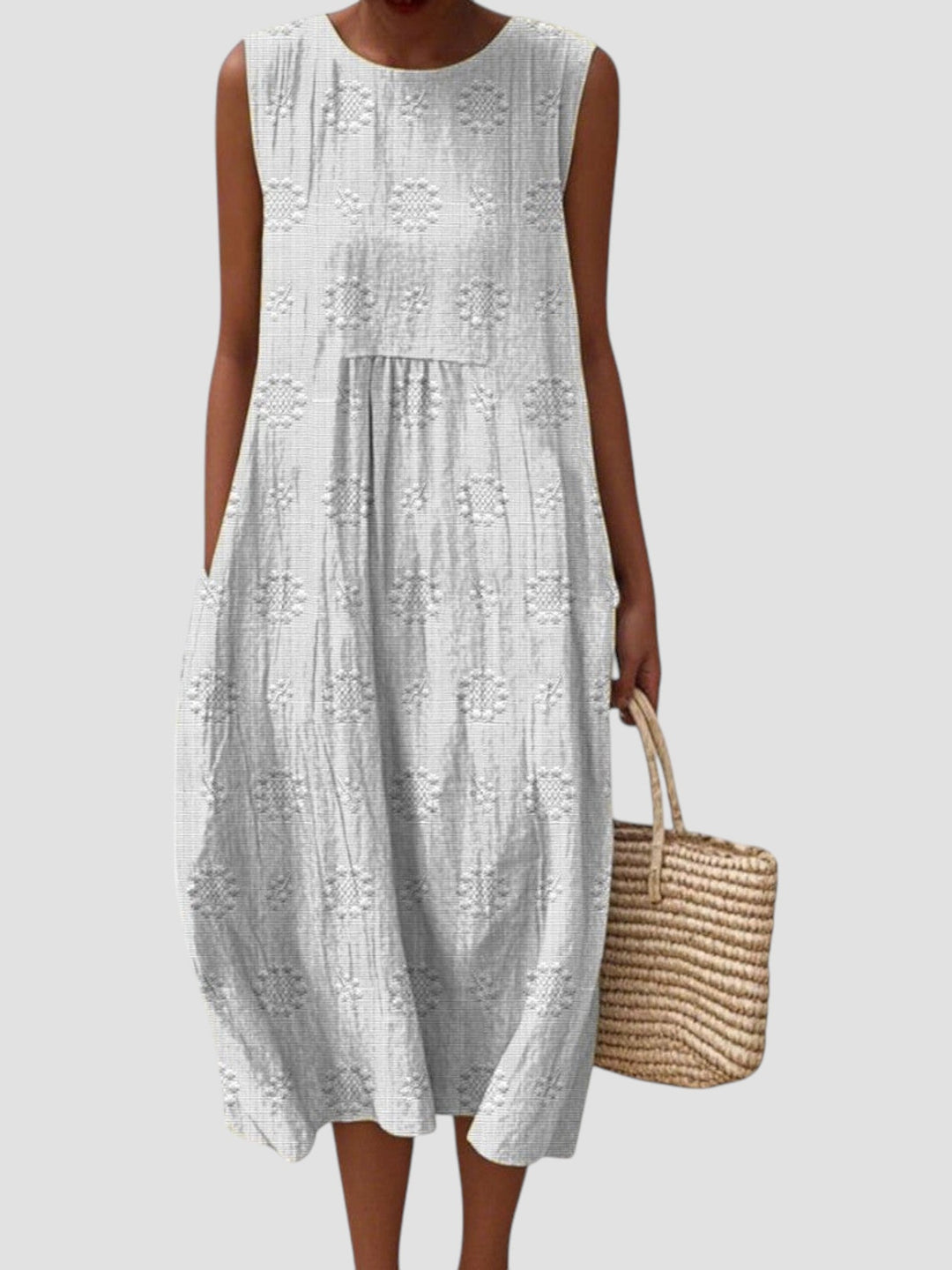 Elodie | Vestido midi feminino sem mangas em linho texturizado