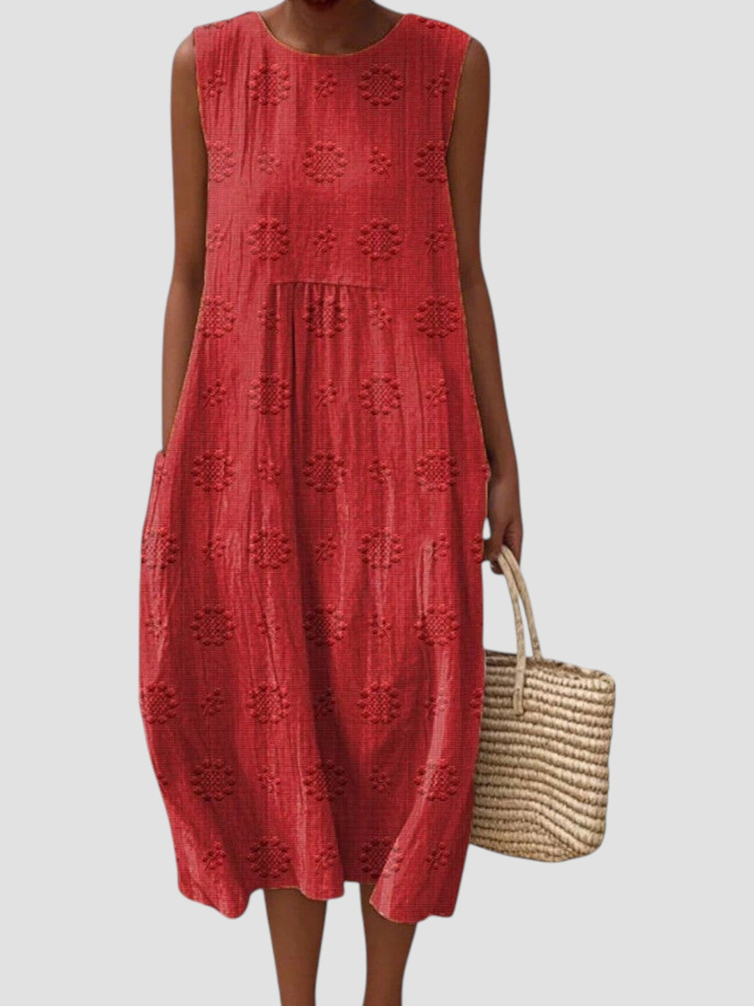 Elodie | Vestido midi feminino sem mangas em linho texturizado
