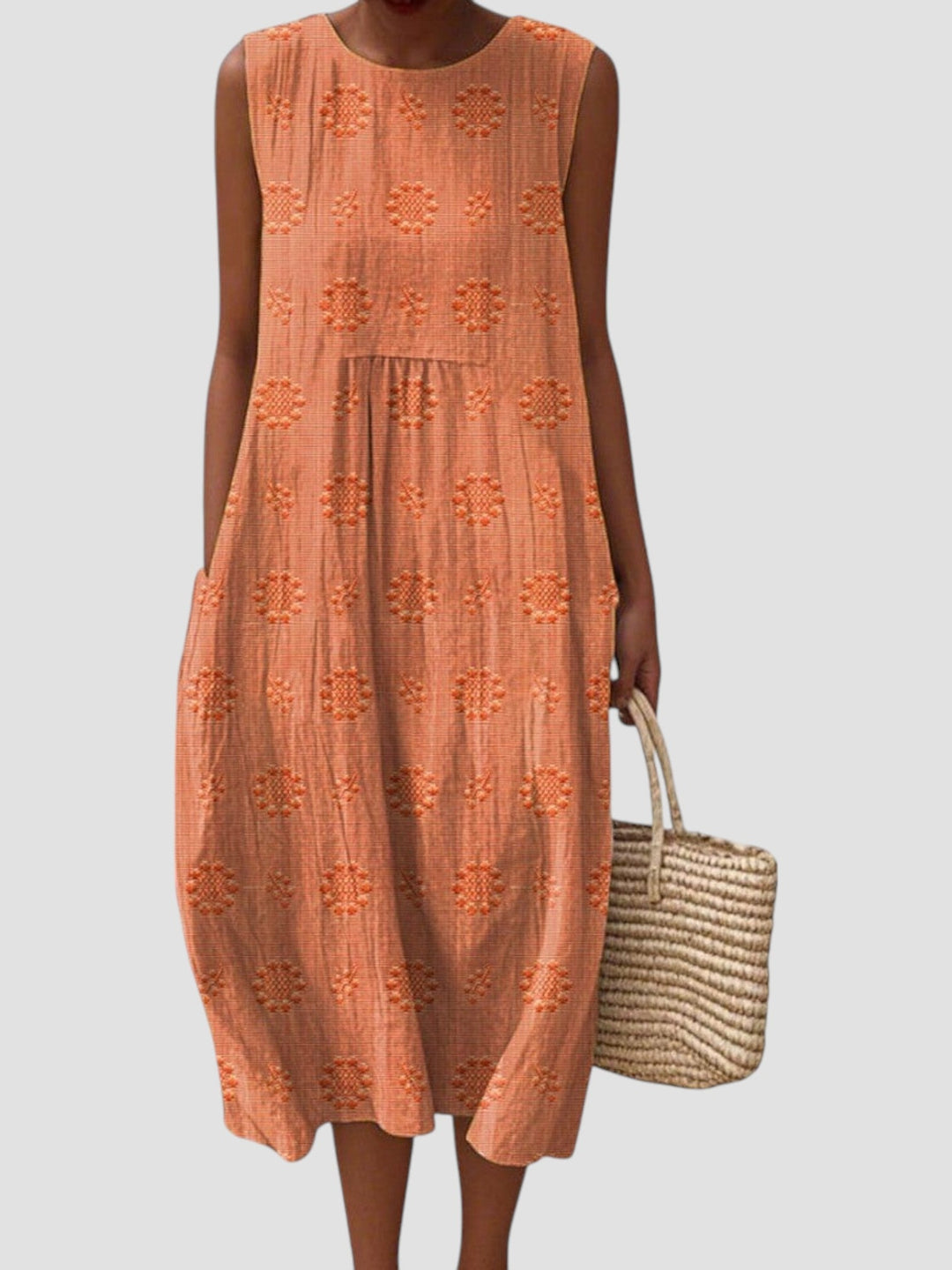 Elodie | Vestido midi feminino sem mangas em linho texturizado