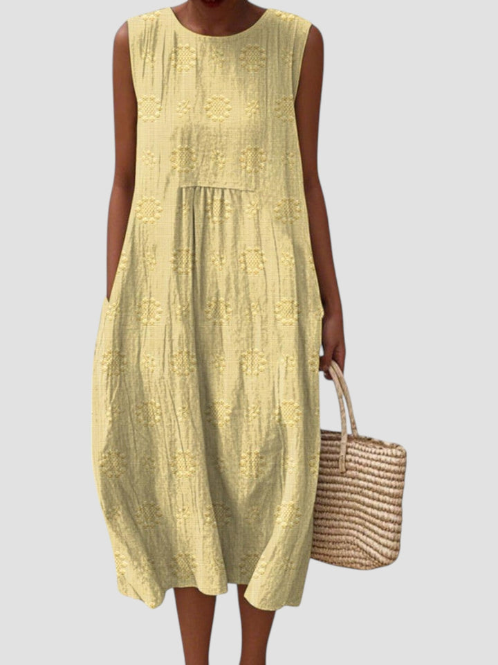 Elodie | Vestido midi feminino sem mangas em linho texturizado