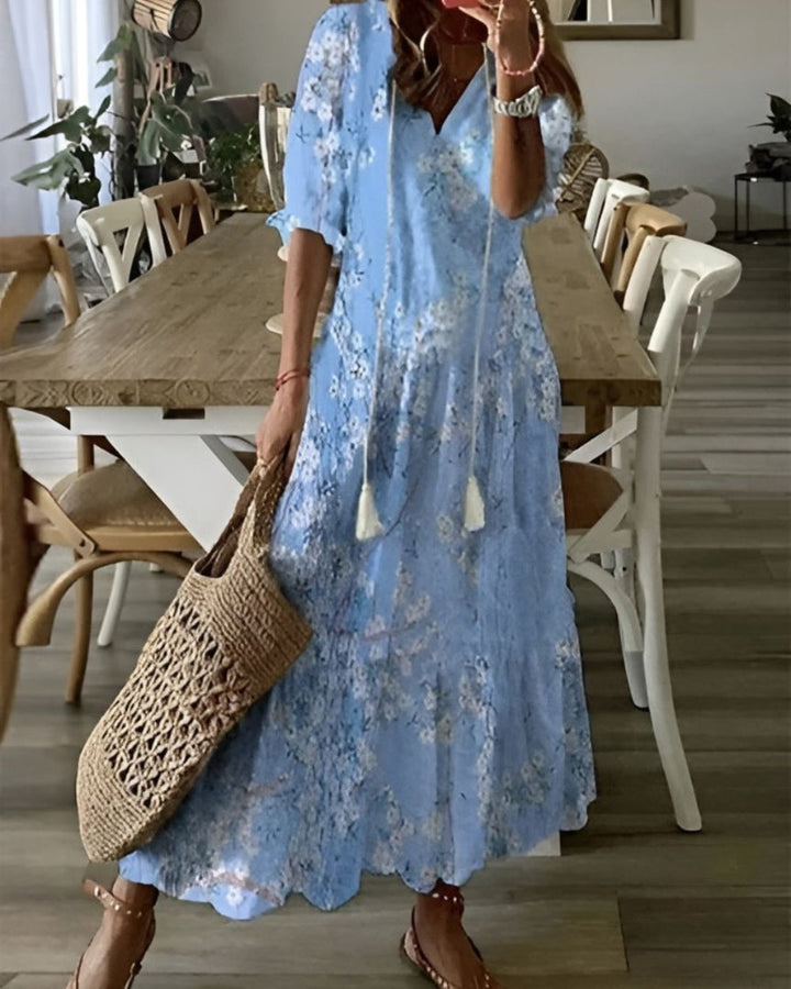 Chelsea | Abito lungo con cravattino e nappe sul davanti