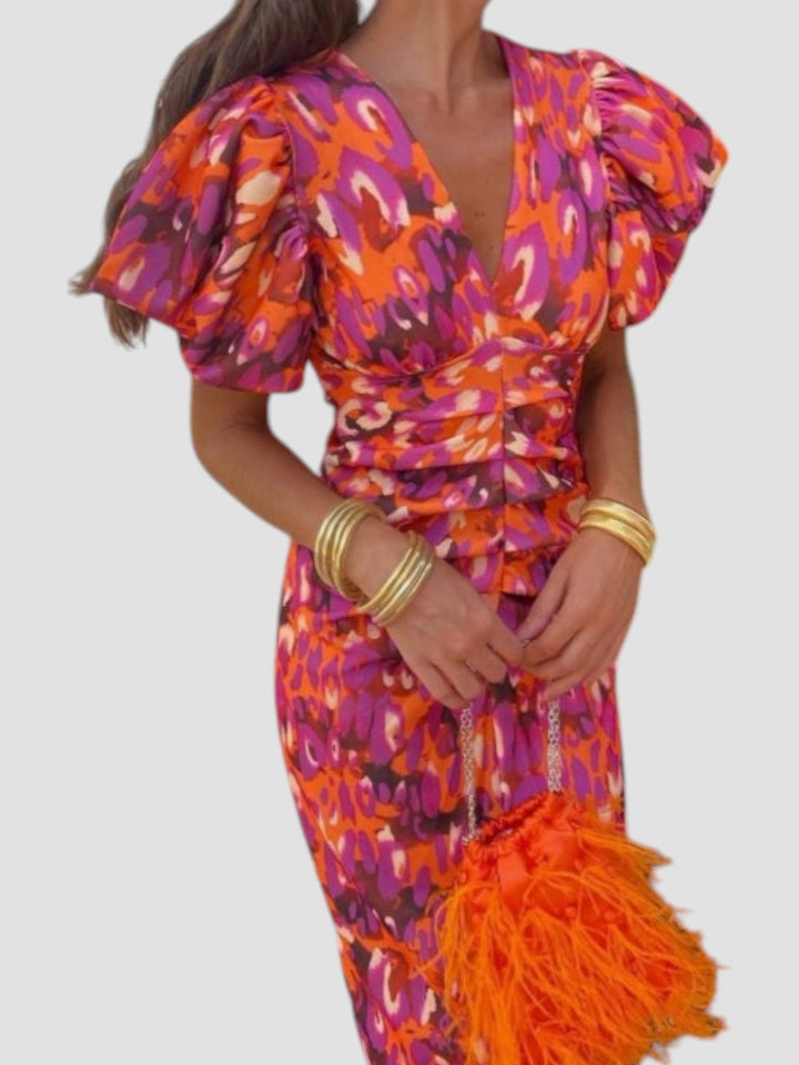 Whitney | Midikleid mit abstraktem Print und Puffärmeln