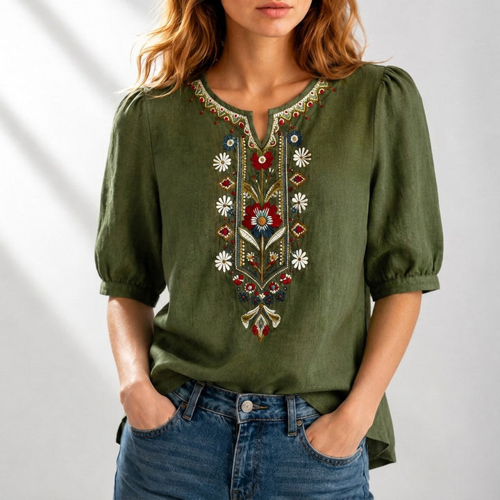 Lucille | Embroidered Split-Neck Blouse